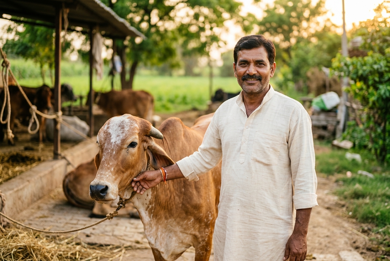 Gopinath Ghee founder with Gir cow at farm
