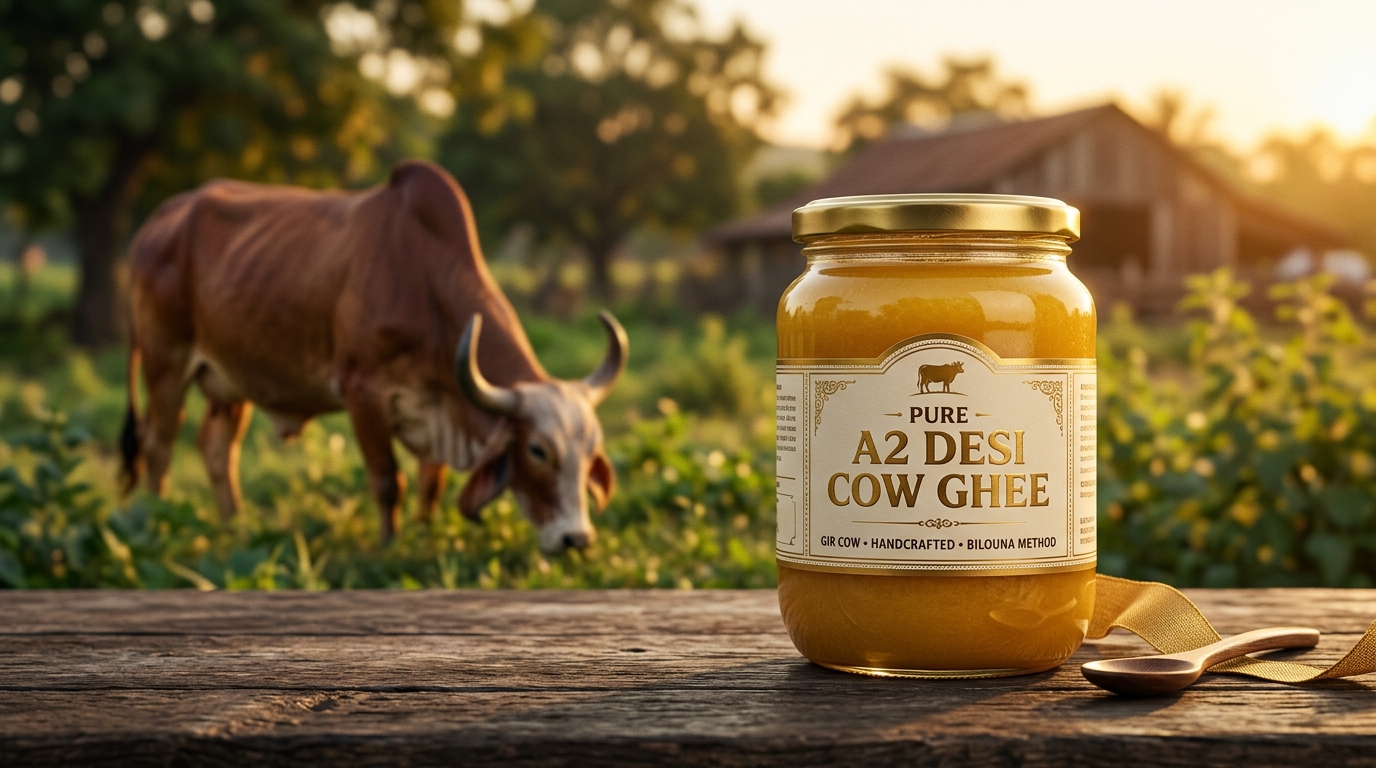 Premium Gopinath Ghee jar with cow in background